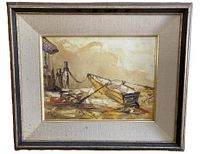 Framed original oil painting showing a boat tied at the dock with surrounding water and dock elements.