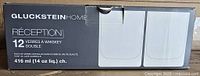 Box front showing brand Gluckstein Home and product line Réception with details of 12 double whiskey glasses, 416 ml (14 oz) capacity