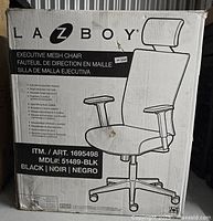 Photo of the La-Z-Boy executive mesh office chair box showing product name and model information.