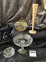 Group photo showing the four Cambridge Portia glassware items: tall bud vase, handled basket, nut bowl, and pedestal compote, all with gold encrusted decorations