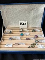 Blue jewelry box showing all 12 gemstone pieces arranged in rows: pendants and rings with labels.
