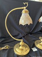 Pair of brass desk lamps displayed against black backdrop showing curved stems, round weighted bases, and mottled glass shades.