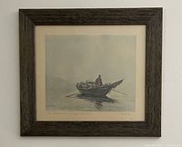 Front view of framed print showing fisherman in boat with custom reclaimed barn wood frame.