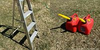 Photo showing a four-foot aluminum step ladder standing on grass alongside two red 2.5 gallon gas cans with yellow flexible spouts.
