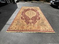 overhead view of entire rug laid on driveway showing full pattern
