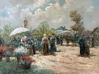 Close-up image of the detailed village scene depicting people, horses, buildings, and nature.