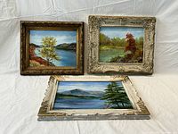 Three framed original acrylic landscape paintings by Ronald Drysdale arranged on a white cloth backdrop.