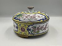 View of circular Cloisonne box showing yellow, white, blue, and pink floral design with lid on and feet below