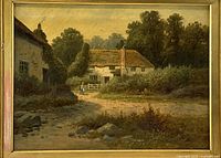 Close view of the painted country house and foreground pathway with signature visible at lower right