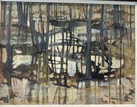 Close-up of central swamp scene showing expressive brushwork and layered paint