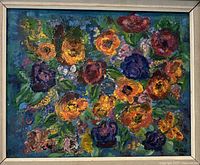 Front view of oil painting in silver-tone wood frame with linen liner