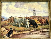 Close-up of the oil on board painting showing cattle, herding dog, and landscape with tower.