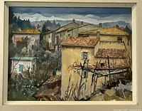 Close-up of village rooftops and surrounding landscape