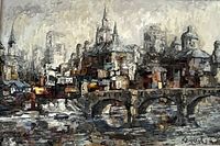 Close view of painting surface showing cityscape composition and brushwork.