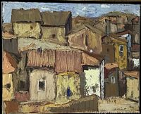 Full view of impasto oil painting showing building cluster motif and frame