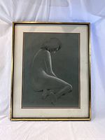 Full view of framed pastel drawing showing the seated nude woman and frame condition.