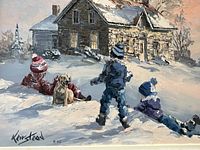 Close-up of painting showing children, dog, farmhouse and signature