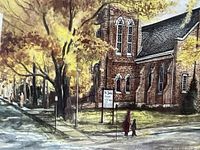 Close-up view of the print showing the autumn scene of St. Jude's Church with pedestrians and trees.