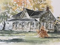 Full view of the signed watercolour painting, showing a farmhouse in autumn landscape with trees and grass.