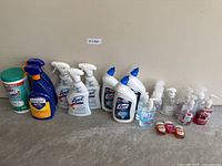 Full lot showing all cleaning supplies, soaps and sanitizers lined up
