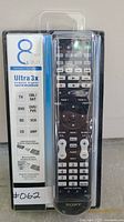 Front view of sealed Sony RM-VLZ620 remote showing buttons and packaging