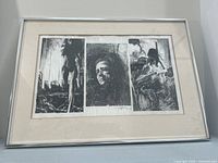 Framed lithograph triptych, full view showing the three female figures with the artist's signature and overall condition including frame and mat.