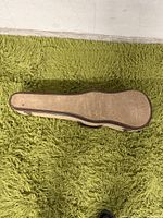 Closed ukulele case on green rug, showing size and shape