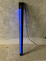 Black light tube lamp standing vertically against a concrete wall, glowing blue with power cord plugged in.