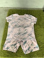 Full view of pink Champion sweatshirt and matching shorts laid flat showing color, pattern and logo placement.