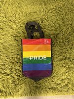 Small tote bag with rainbow colored horizontal stripes and the word 'PRIDE' in white letters on the front sitting on a green shaggy carpet. The bag has black carrying handles.