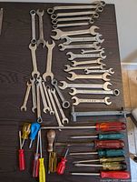 Wrenches laid flat on table, array showing sizes and brands, screwdrivers with colored handles laid parallel