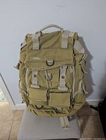 Front view of the olive green and beige National Geographic Earth Explorer backpack with multiple pockets and straps.