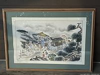 Full view of the large framed Chinese painting showing a traditional scene with figures, horse, and carriage in watercolor style.