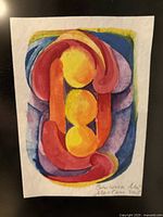 Close up of the abstract painting showing the colorful rounded shapes in reds, yellows, blues, and purples. Signed by Barbara Martin in lower right.