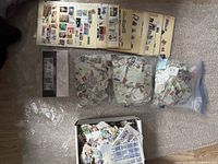 Full lot overview showing 10 pages of mounted stamps, 3 large ziplock bags, and 1 small box of loose stamps.