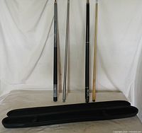 Two two-piece pool cues disassembled standing upright with black carrying case laid out flat in front of white backdrop.