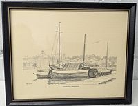 Framed charcoal style drawing of boats titled 'Tunnel Bay, Brockville' with visible signature 'Gilder' and black frame.