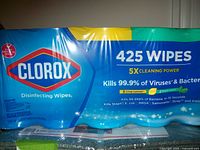 Photo showing front packaging of 5 pack Clorox Disinfecting Wipes with 425 wipes and multiple scent types.