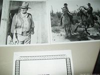 Two black and white photos, one with John Wayne standing by a post, the other showing a horseback scene, plus movie list below.