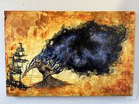 Full view of the surreal mixed media painting showing dark humanoid figure with cosmic hair and textured golden background.