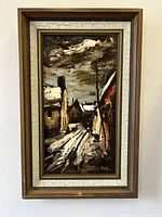 Frontal view of the oil painting on board, showing signature ADOL on bottom right and vintage wood frame with crackled white inner liner.