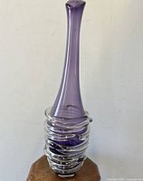Full view of the 18-inch purple amethyst vase showing slender neck and clear applied spiral decoration.