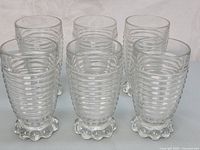 Set of six clear Anchor Hocking Manhattan tumblers showing ribbed glass texture and bulbous base design.