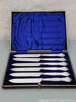 Full view of the six butter spreaders arranged inside a hinged case lined with royal blue velvet and satin.