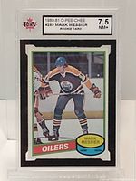 Front view of the 1980-81 O-Pee-Chee Mark Messier rookie hockey card in KSA graded case showing player in Edmonton Oilers uniform and grade label 7.5 NM+.