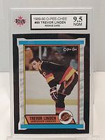 Front of graded Trevor Linden rookie card with player image, O-Pee-Chee branding, and grade 9.5 NGM by KSA.