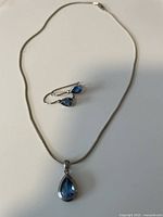 Photo of necklace and earrings set laid flat on white surface showing chain, pendant, and earrings arrangement.