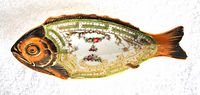 Full view of the antique fish-shaped Nippon platter showing hand painted colors, gold detailing, and overall shape.