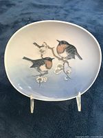 Front of the porcelain plate showing two European robins perched on a flowering branch, detailed hand-painted design with subtle background gradient.