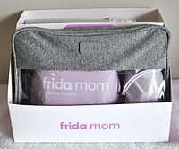 Photo of boxed recovery kit showing high waist briefs in purple package inside gray zippered pouch labeled 'frida mom'
